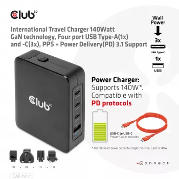 CLUB3D International Travel Charger 140W GaN-Technologie, Vier Ports USB Typ-A (1x) und -C (3x), PPS + Power Delivery (PD) 3.1 Unterstützung