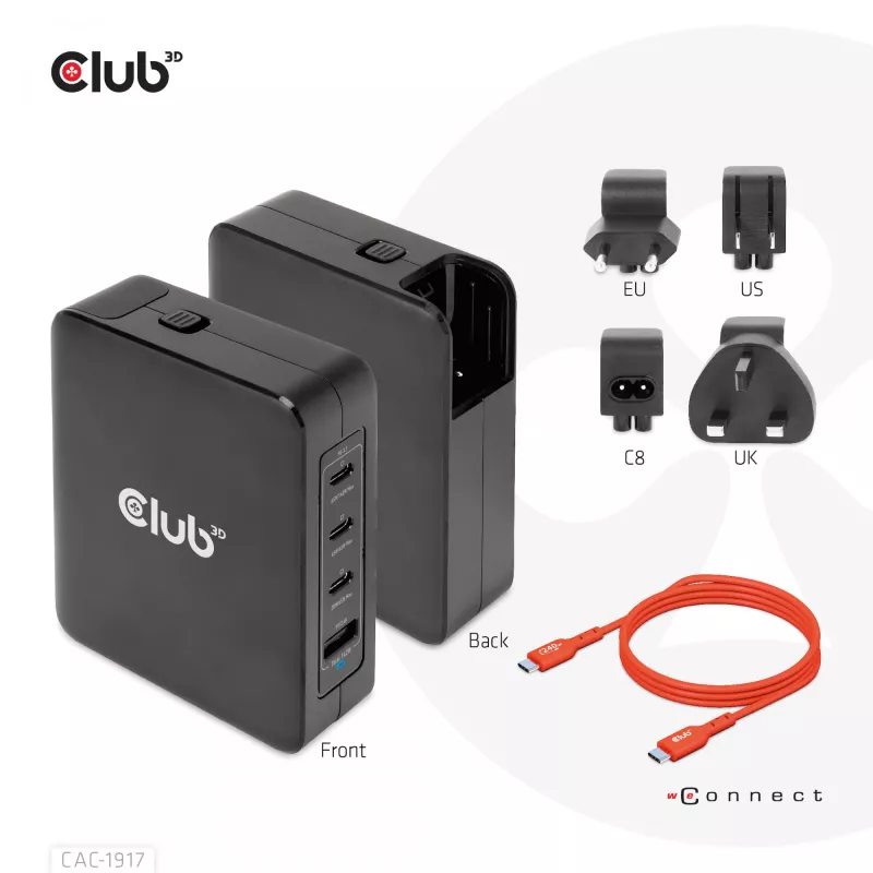 CLUB3D International Travel Charger 140W GaN-Technologie, Vier Ports USB Typ-A (1x) und -C (3x), PPS + Power Delivery (PD) 3.1 Unterstützung