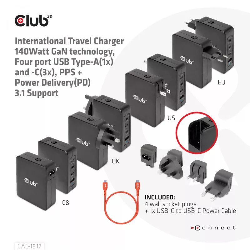 CLUB3D International Travel Charger 140W GaN-Technologie, Vier Ports USB Typ-A (1x) und -C (3x), PPS + Power Delivery (PD) 3.1 Unterstützung