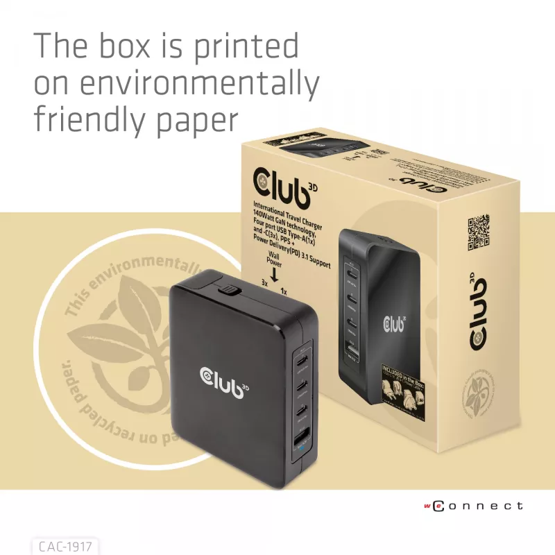 CLUB3D International Travel Charger 140W GaN-Technologie, Vier Ports USB Typ-A (1x) und -C (3x), PPS + Power Delivery (PD) 3.1 Unterstützung