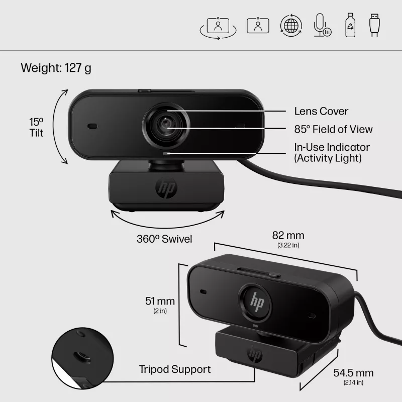 HP 430 FHD Webcam, 2 MP, 1920 x 1080 Pixel, Full HD, 60 fps, 85°, Home