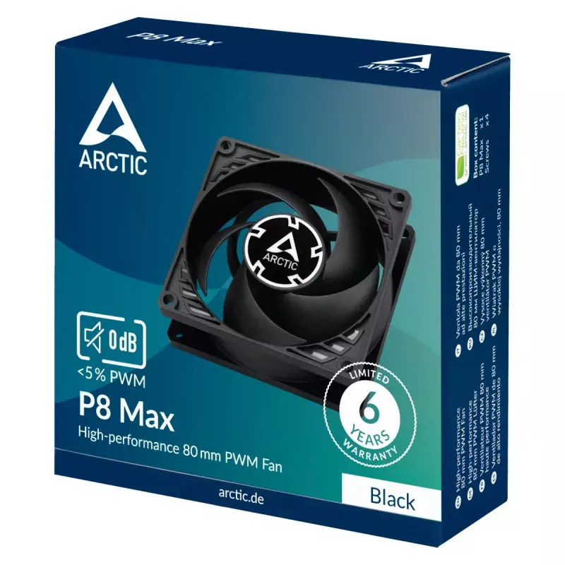 80-mm-Lüfter Arctic P8 Max High-Performance PWM, 80 mm Durchmesser, schwarz, 67,96 m³/h Luftstrom, 0,6 Sone