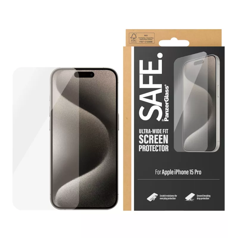 PanzerGlass SAFE. by ® Displayschutzfolie iPhone 15 Pro | Ultra-Wide Fit