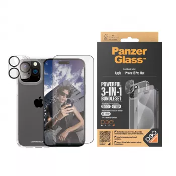 PanzerGlass ® 3-in-1 Bundle iPhone 15 Pro Max, Apple, Apple - iPhone 15 Pro Max, Trockenanwendung, Stoßfest, Transparent, 1 Stück