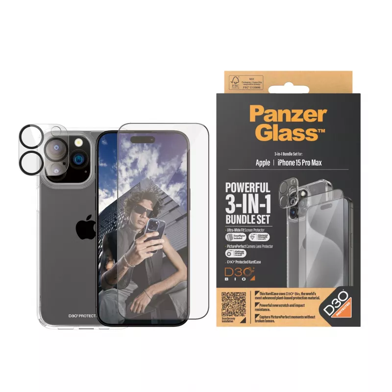 PanzerGlass ® 3-in-1 Bundle iPhone 15 Pro Max, Apple, Apple - iPhone 15 Pro Max, Trockenanwendung, Stoßfest, Transparent, 1 Stück