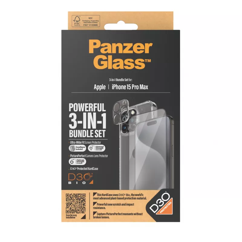 PanzerGlass ® 3-in-1 Bundle iPhone 15 Pro Max, Apple, Apple - iPhone 15 Pro Max, Trockenanwendung, Stoßfest, Transparent, 1 Stück