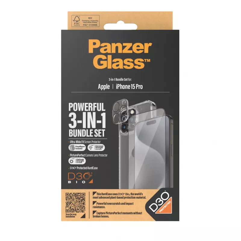 PanzerGlass 3-in-1 Pack iPhone 15 Pro Tempered Glass Transparent