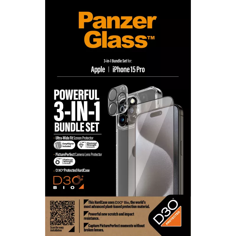 PanzerGlass 3-in-1 Pack iPhone 15 Pro Tempered Glass Transparent