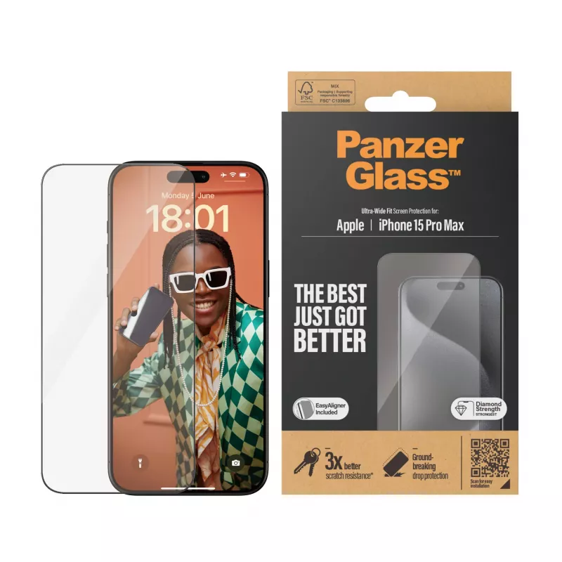 PanzerGlass ® Displayschutzfolie iPhone 15 Pro Max | Ultra-Wide Fit mit EasyAligner