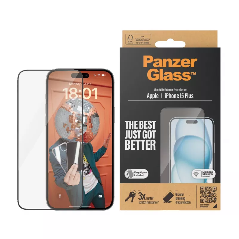 PanzerGlass ® Displayschutzfolie iPhone 15 Plus | Ultra-Wide Fit mit EasyAligner
