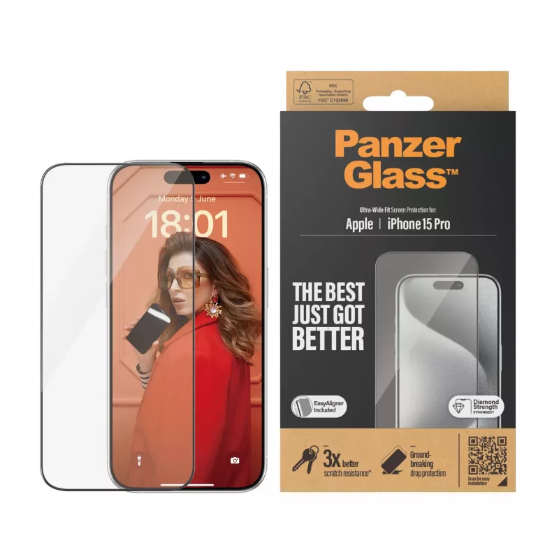 PanzerGlass ® Displayschutzfolie iPhone 15 Pro | Ultra-Wide Fit mit EasyAligner
