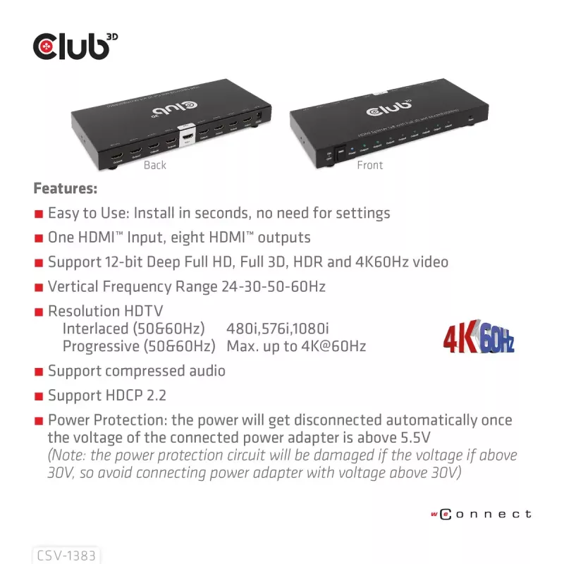 CLUB3D 1-zu-8 HDMI™ Splitter Full 3D und 4K60Hz (600MHz)
