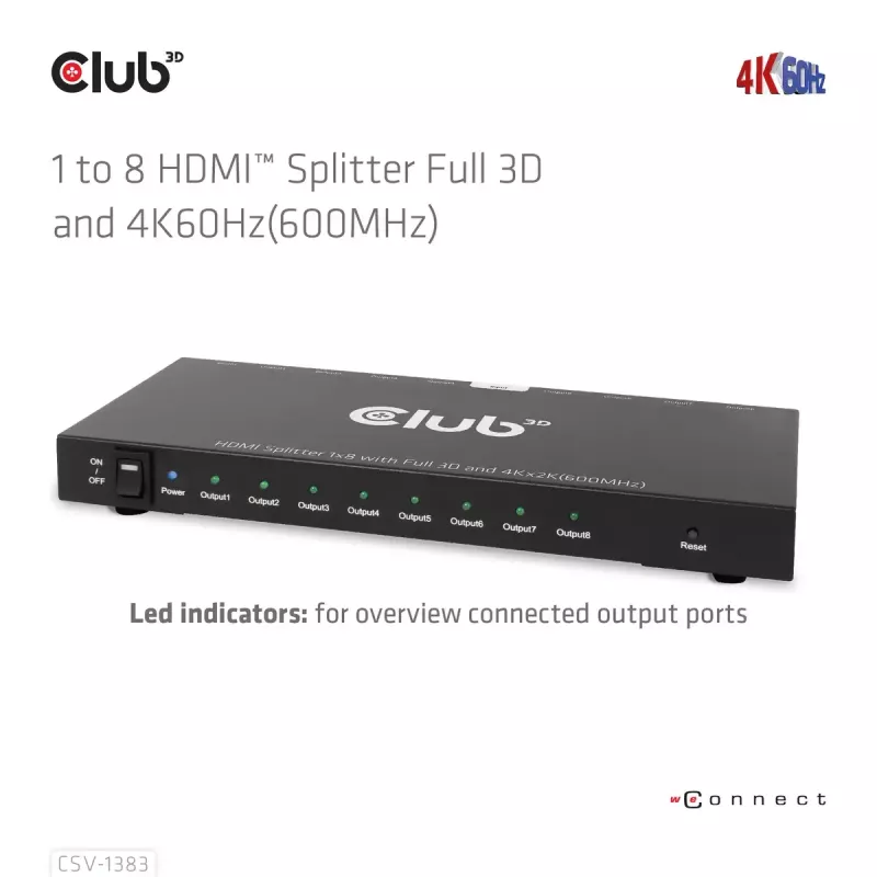 CLUB3D 1-zu-8 HDMI™ Splitter Full 3D und 4K60Hz (600MHz)