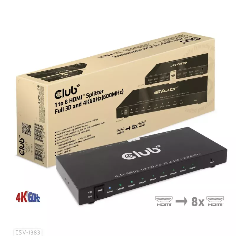 CLUB3D 1-zu-8 HDMI™ Splitter Full 3D und 4K60Hz (600MHz)