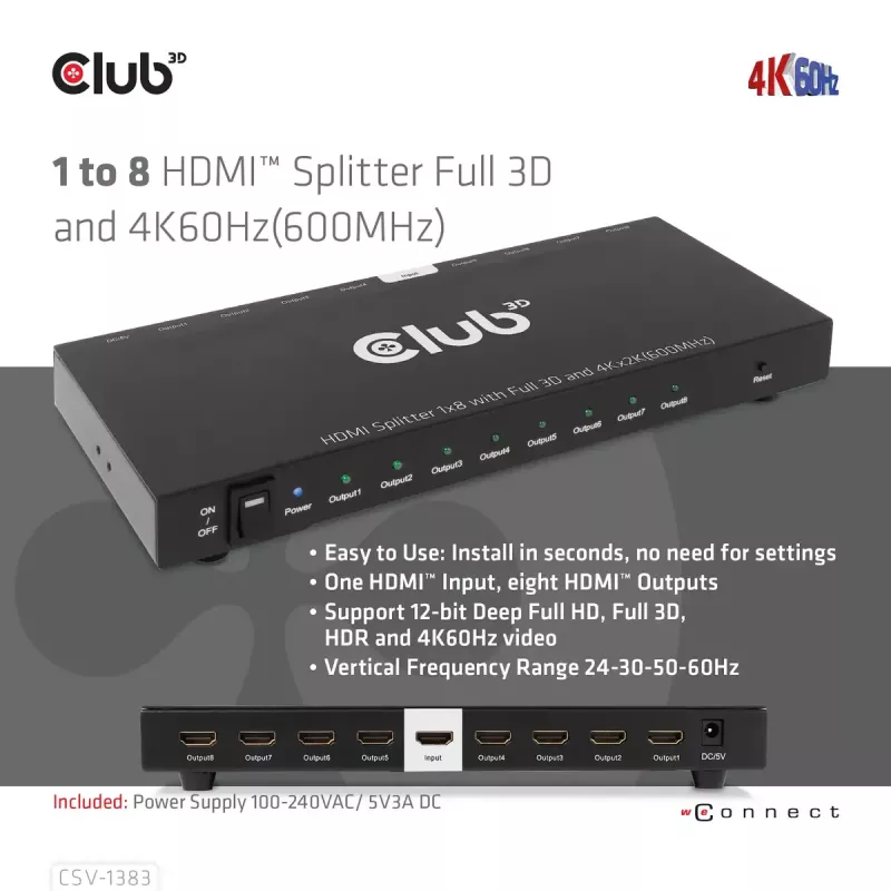 CLUB3D 1-zu-8 HDMI™ Splitter Full 3D und 4K60Hz (600MHz)