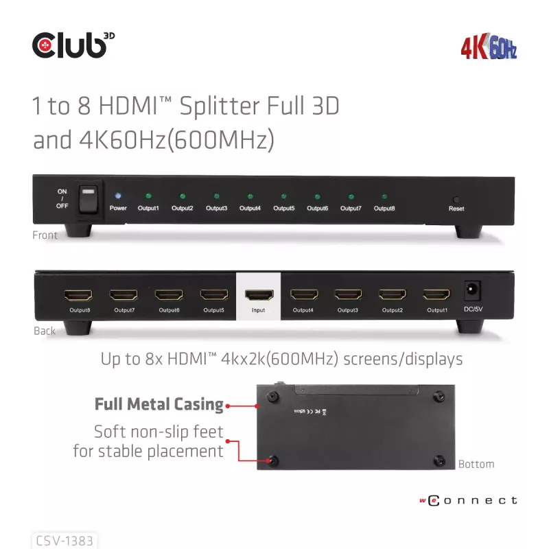 CLUB3D 1-zu-8 HDMI™ Splitter Full 3D und 4K60Hz (600MHz)