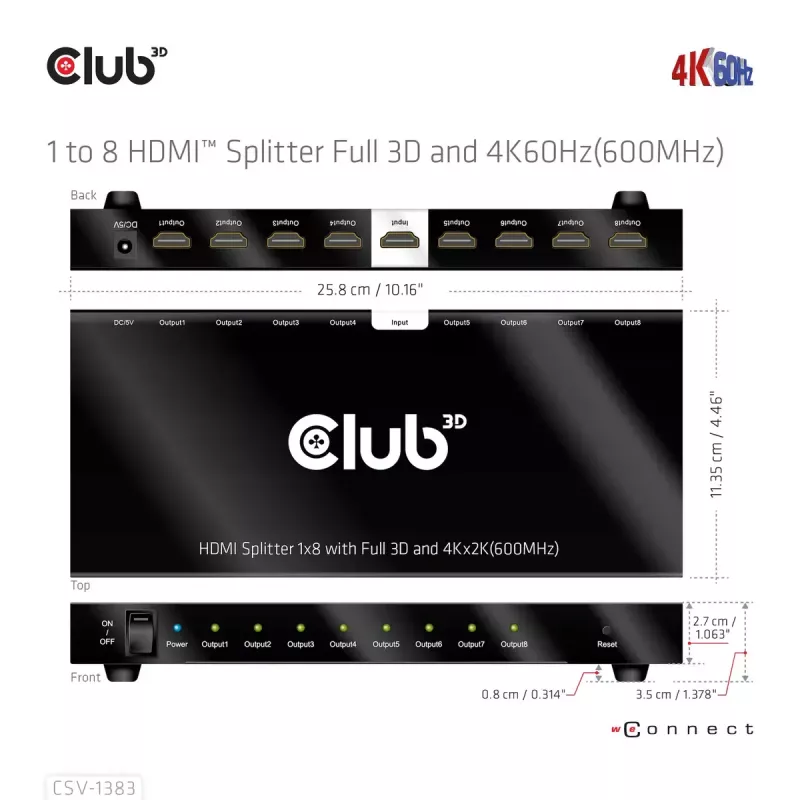 CLUB3D 1-zu-8 HDMI™ Splitter Full 3D und 4K60Hz (600MHz)
