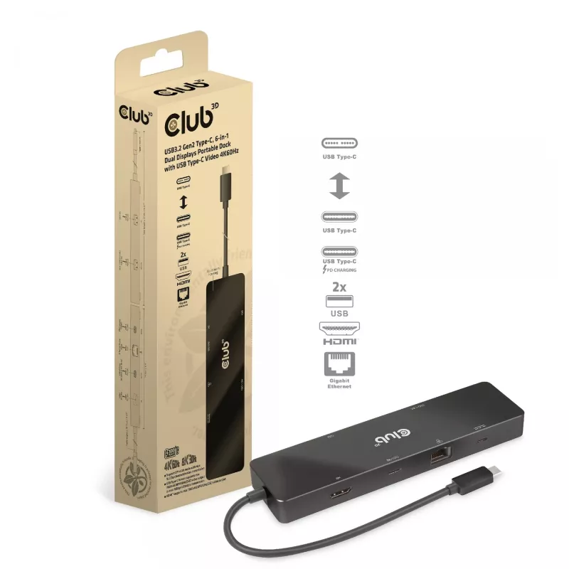 CLUB3D USB3.2 Gen2 Type-C, 6-in-1 tragbarer Dual-Display-Dock mit USB Typ-C Video 4K60Hz