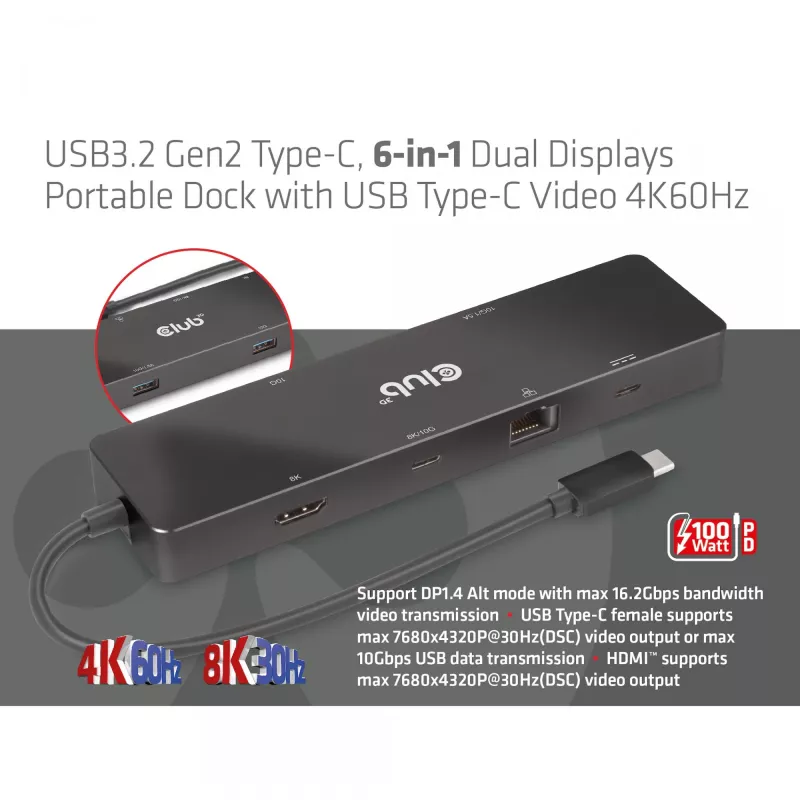 CLUB3D USB3.2 Gen2 Type-C, 6-in-1 tragbarer Dual-Display-Dock mit USB Typ-C Video 4K60Hz