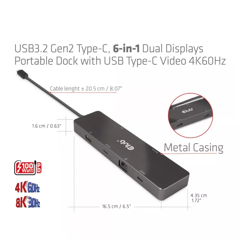 CLUB3D USB3.2 Gen2 Type-C, 6-in-1 tragbarer Dual-Display-Dock mit USB Typ-C Video 4K60Hz