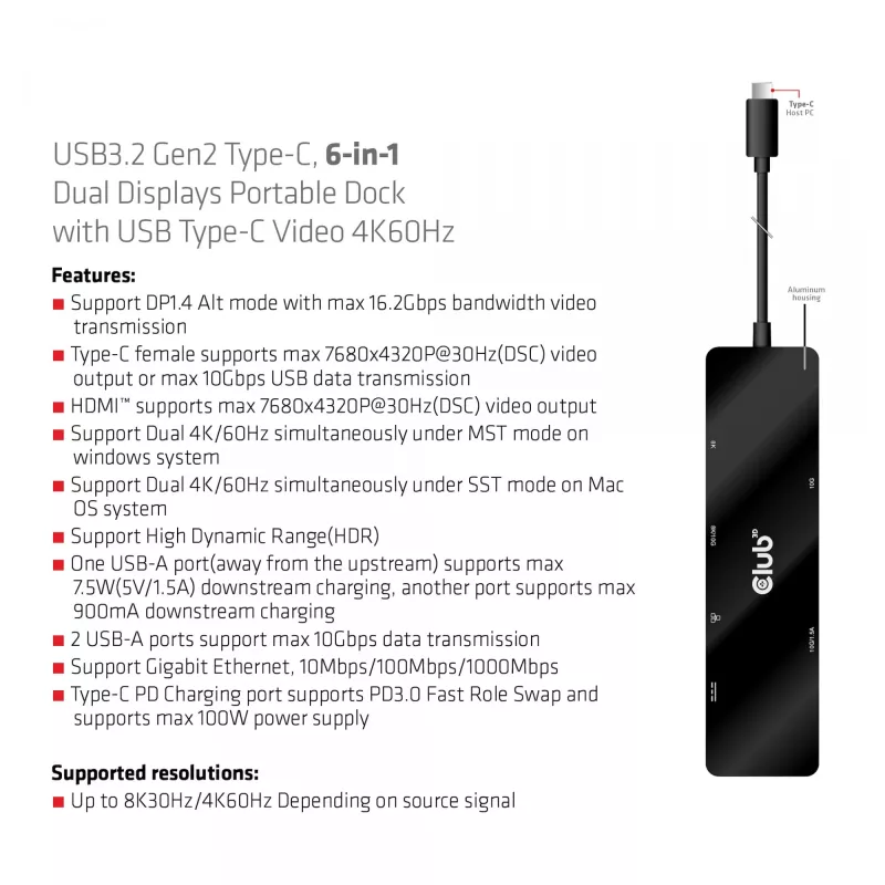 CLUB3D USB3.2 Gen2 Type-C, 6-in-1 tragbarer Dual-Display-Dock mit USB Typ-C Video 4K60Hz