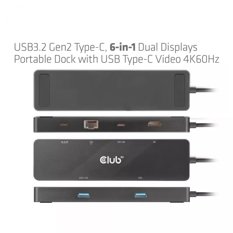 CLUB3D USB3.2 Gen2 Type-C, 6-in-1 tragbarer Dual-Display-Dock mit USB Typ-C Video 4K60Hz