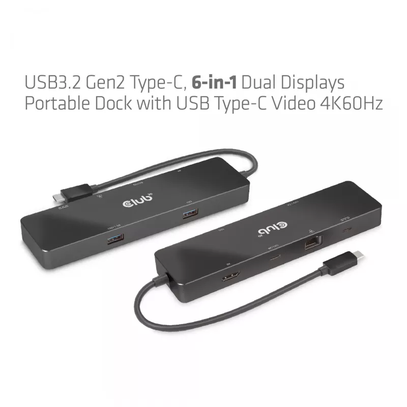 CLUB3D USB3.2 Gen2 Type-C, 6-in-1 tragbarer Dual-Display-Dock mit USB Typ-C Video 4K60Hz