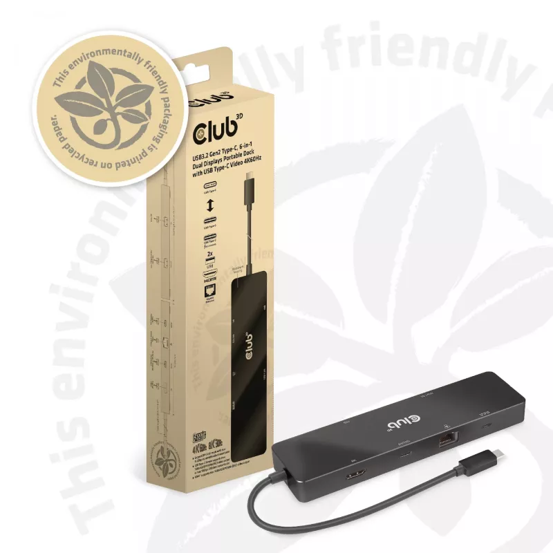 CLUB3D USB3.2 Gen2 Type-C, 6-in-1 tragbarer Dual-Display-Dock mit USB Typ-C Video 4K60Hz