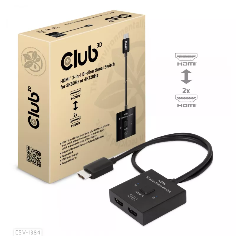CLUB3D HDMI 2-in-1 Bi-direktionaler Switch 8K60Hz 4K120Hz CSV-1384