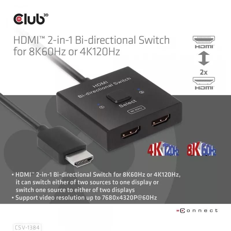 CLUB3D HDMI 2-in-1 Bi-direktionaler Switch 8K60Hz 4K120Hz CSV-1384