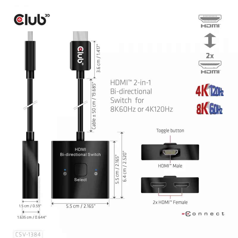CLUB3D HDMI 2-in-1 Bi-direktionaler Switch 8K60Hz 4K120Hz CSV-1384
