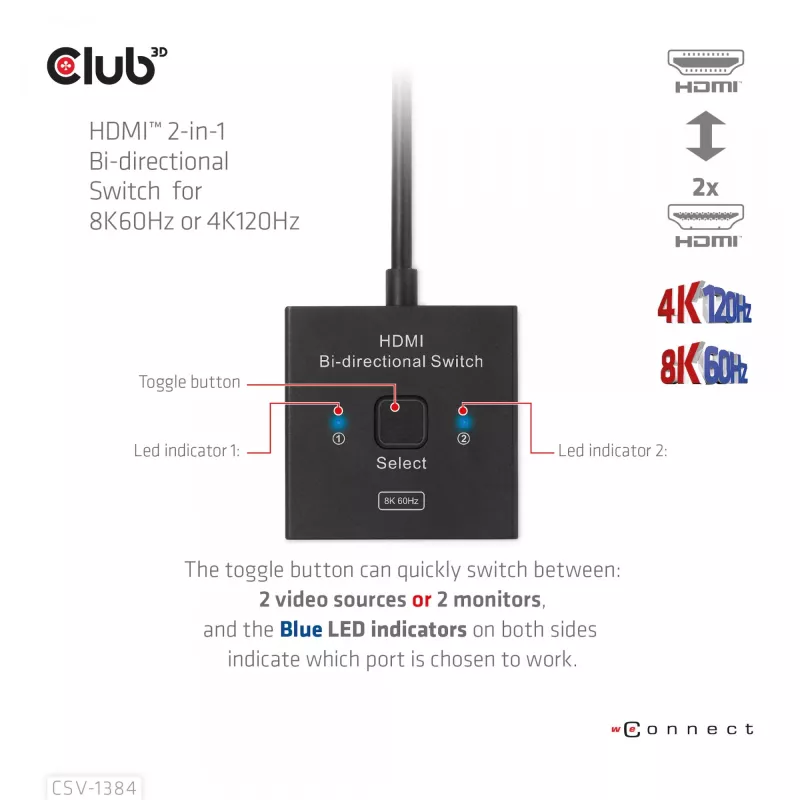 CLUB3D HDMI 2-in-1 Bi-direktionaler Switch 8K60Hz 4K120Hz CSV-1384