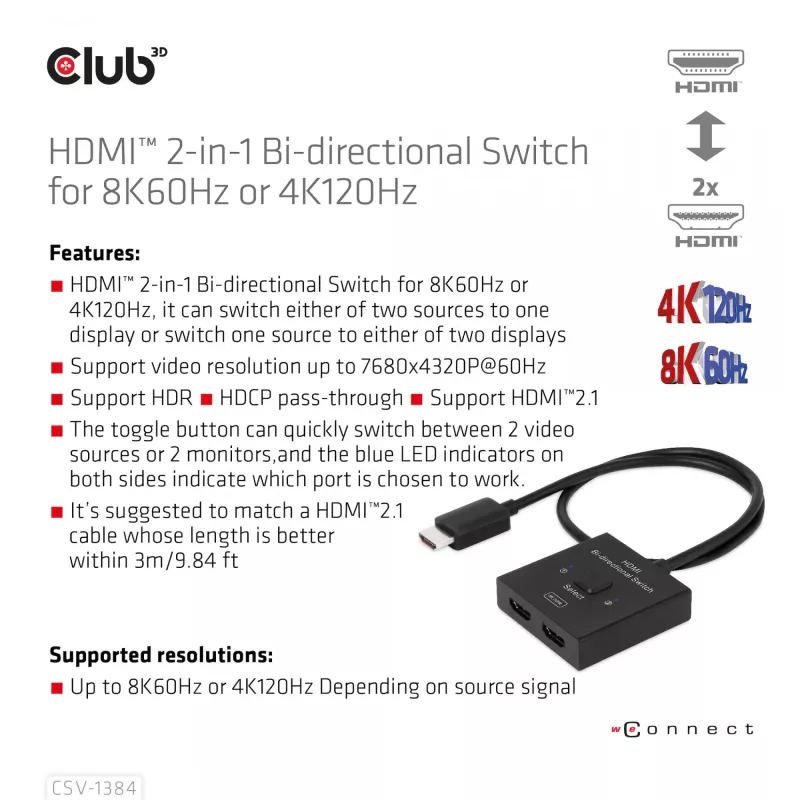 CLUB3D HDMI 2-in-1 Bi-direktionaler Switch 8K60Hz 4K120Hz CSV-1384