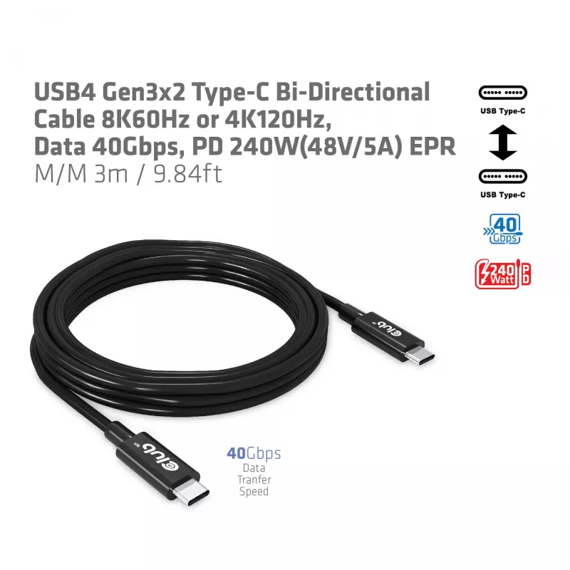 CLUB3D USB4 Gen3x2 Type-C bidirektionales Kabel 8K60Hz oder 4K120Hz, Daten 40Gbps, PD 240W(48V/5A) EPR M/M 3m / 9.84ft
