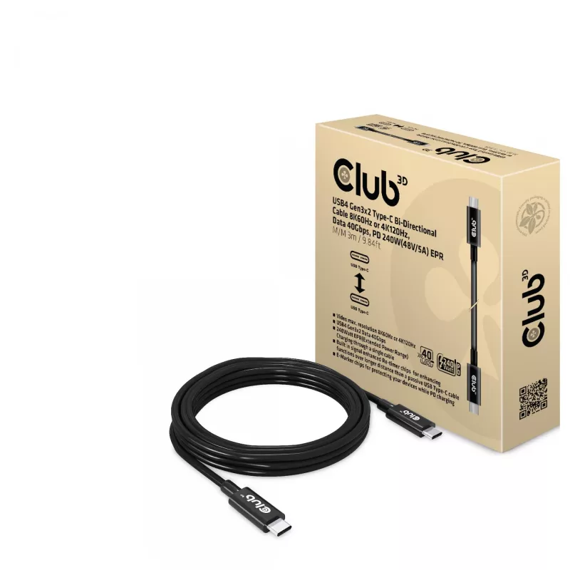 CLUB3D USB4 Gen3x2 Type-C bidirektionales Kabel 8K60Hz oder 4K120Hz, Daten 40Gbps, PD 240W(48V/5A) EPR M/M 3m / 9.84ft