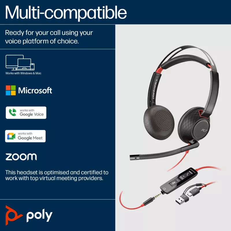 HP Poly Blackwire 5220 Stereo USB-C Headset + 3,5-mm-Klinkenstecker + USB-C/A-Adapter