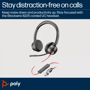 HP Poly Schwarzwire 8225 Stereo Microsoft Teams zertifiziertes USB-C Headset + USB-C/A Adapter
