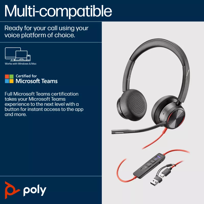 HP Poly Schwarzwire 8225 Stereo Microsoft Teams zertifiziertes USB-C Headset + USB-C/A Adapter