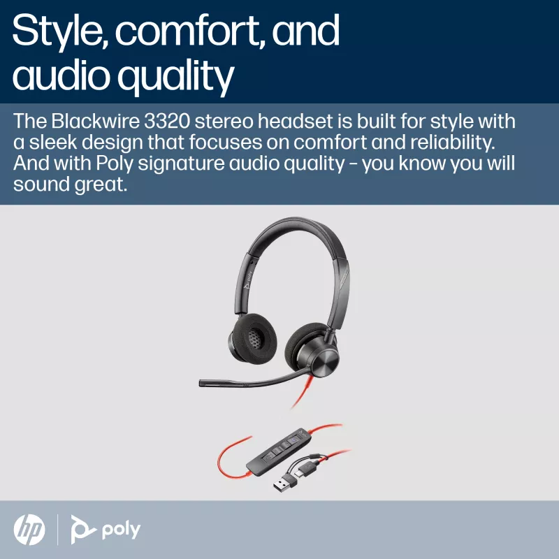 HP Poly Schwarzwire 3320 Stereo Microsoft Teams Certified USB-C Headset +USB-C/A Adapter