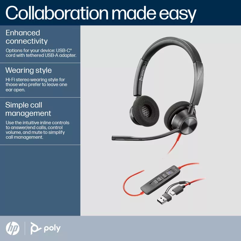 HP Poly Schwarzwire 3320 Stereo Microsoft Teams Certified USB-C Headset +USB-C/A Adapter