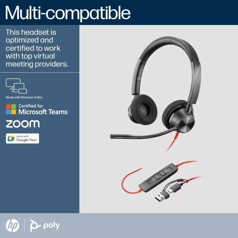 HP Poly Schwarzwire 3320 Stereo Microsoft Teams Certified USB-C Headset +USB-C/A Adapter