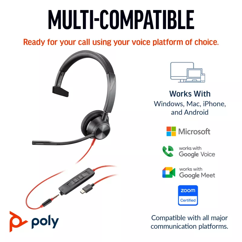 HP Poly Schwarzwire 3315 Mono-USB-C-Headset +3,5-mm-Stecker + USB-C/A-Adapter