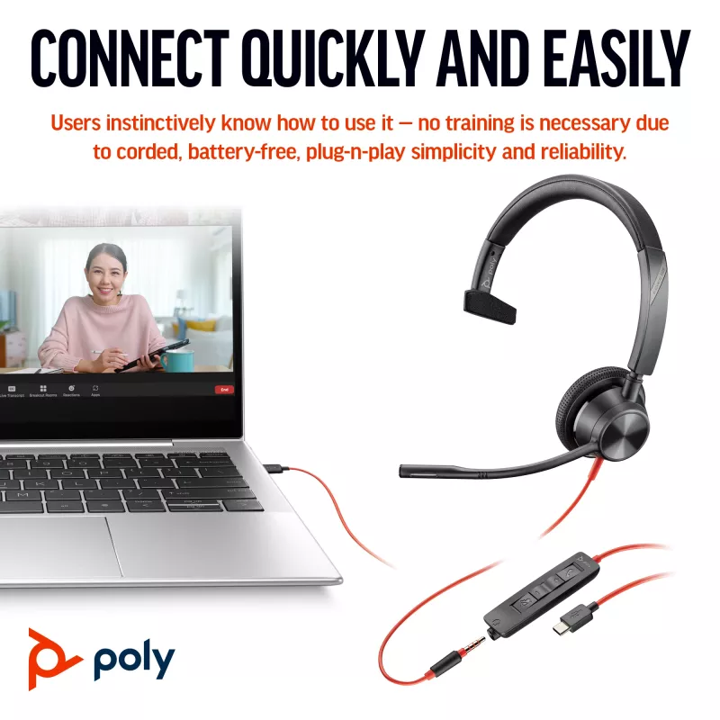 HP Poly Schwarzwire 3315 Mono-USB-C-Headset +3,5-mm-Stecker + USB-C/A-Adapter