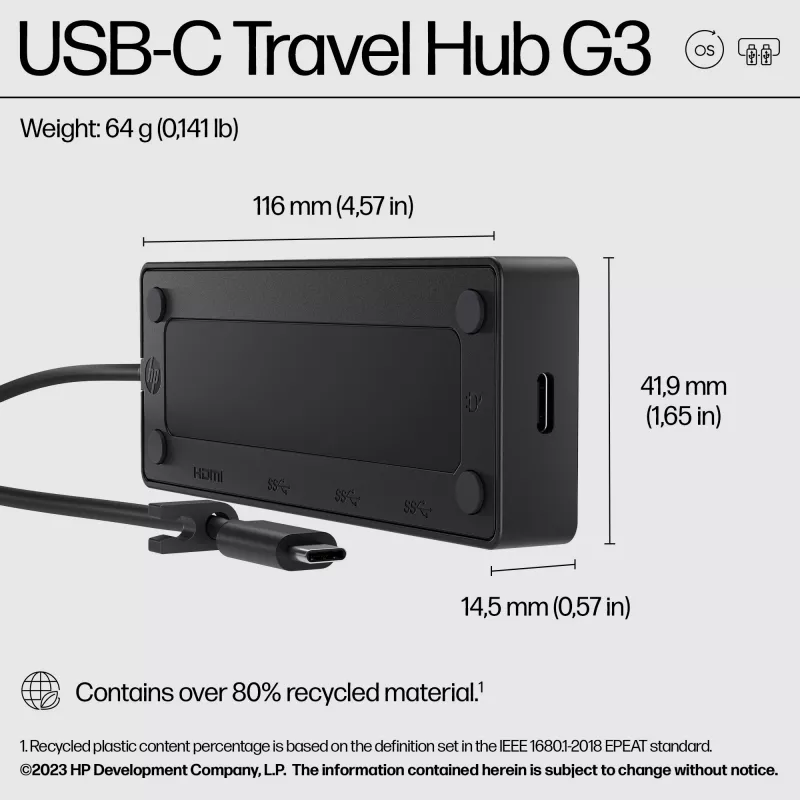HP USB-C Travel Hub G3, USB 3.2 Gen 2 (3.1 Gen 2) Type-C, 65 W, 60 Hz, HDMI, USB 3.2 Gen 2 (3.1 Gen 2) Type-A, USB 3.2 Gen 2 (3.1 Gen 2) Type-C, Vietnam, Home