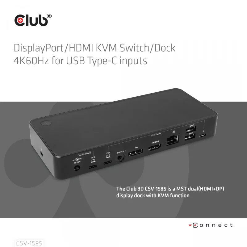 CLUB3D DisplayPort/HDMI KVM-Switch/Dock 4K60Hz für USB Typ-C-Eingänge