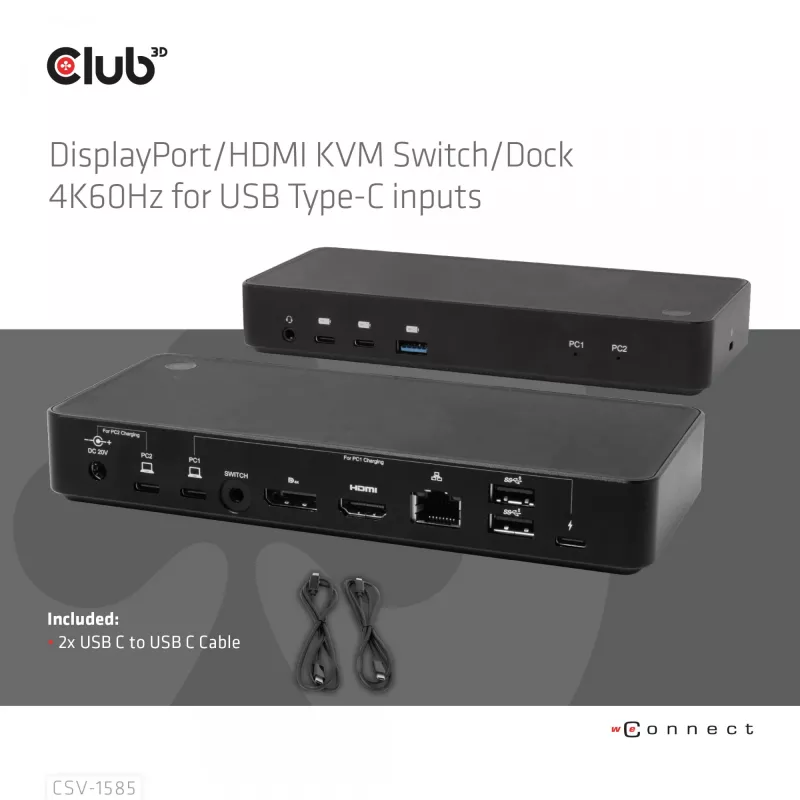 CLUB3D DisplayPort/HDMI KVM-Switch/Dock 4K60Hz für USB Typ-C-Eingänge