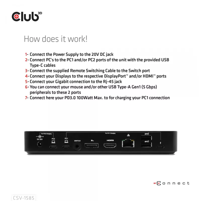 CLUB3D DisplayPort/HDMI KVM-Switch/Dock 4K60Hz für USB Typ-C-Eingänge
