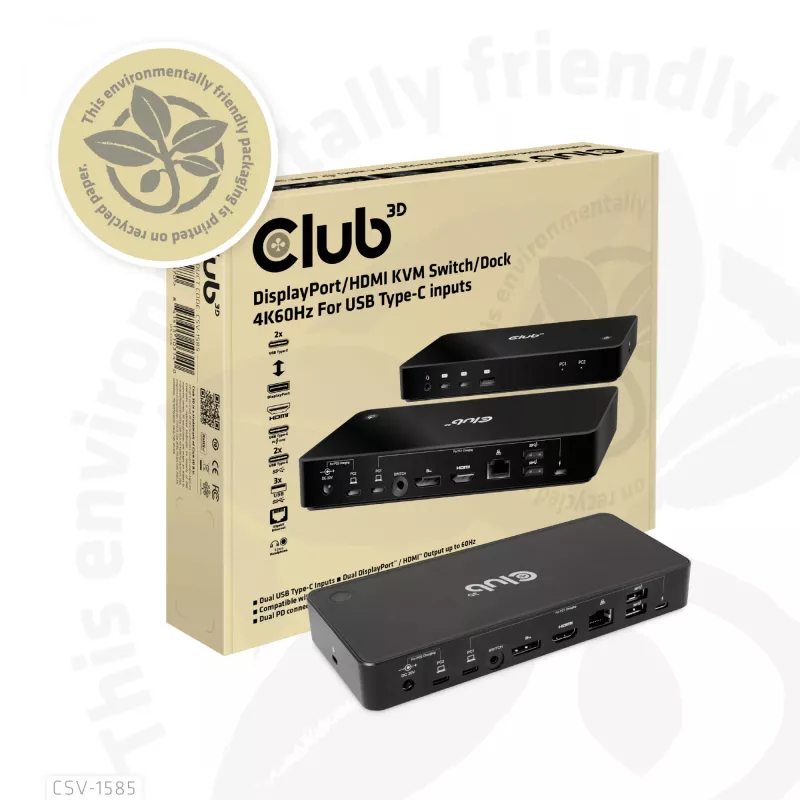 CLUB3D DisplayPort/HDMI KVM-Switch/Dock 4K60Hz für USB Typ-C-Eingänge