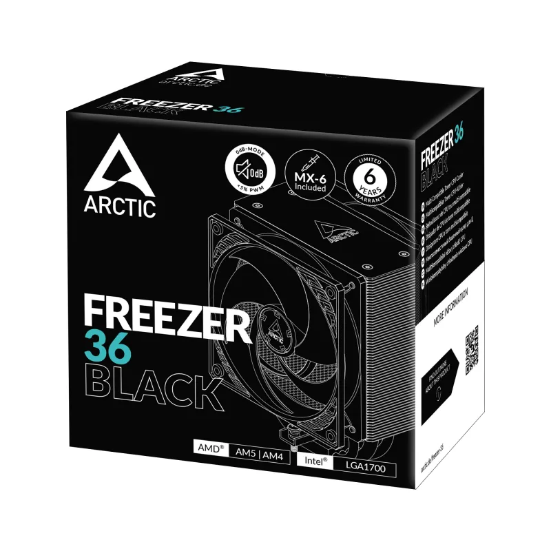 ARCTIC Freezer 36 (Schwarz) Multi-kompatibler Tower-CPU-Kühler, Luftkühler, 12 cm, 200 U/min, 1800 U/min, Schwarz