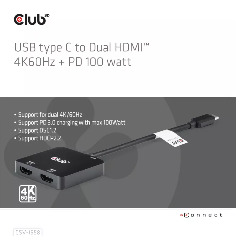 CLUB3D USB-C® Hub auf Dual HDMI™ 4K60Hz M/F+PD3.0 100 W